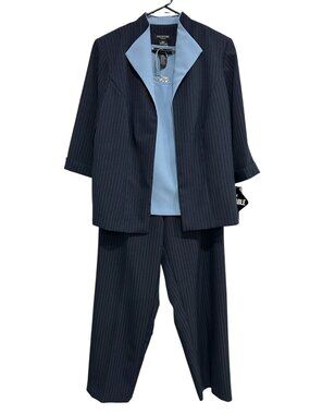 Perceptions 16W 3-Piece Navy Pinstripe Pant Suit Blazer Set Trousers Preppy NWT